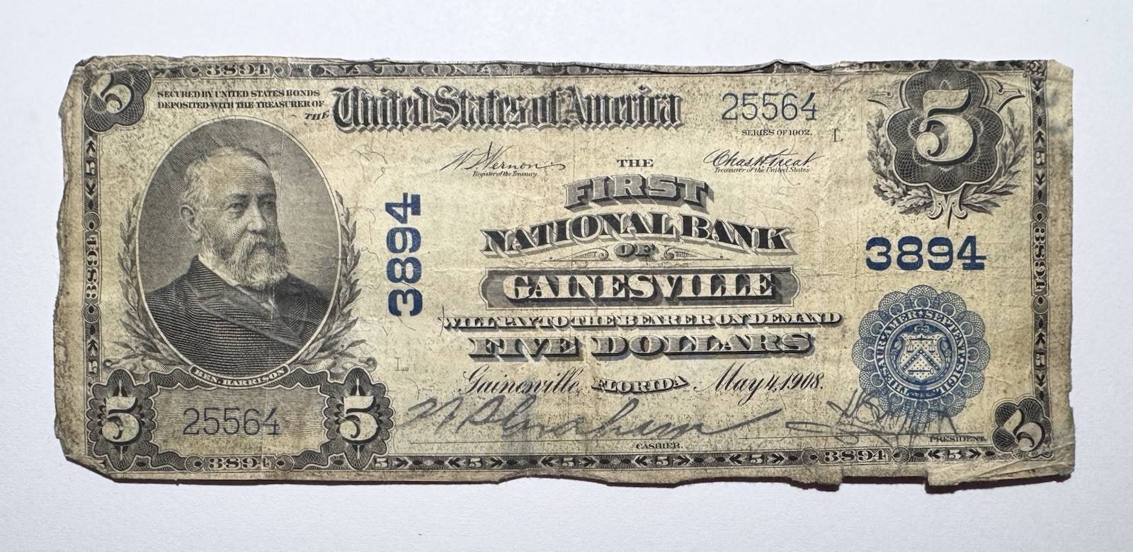 Rare 1902 $5 First National Bank Of Gainesville, Florida Ch# 3894 SN# 25564