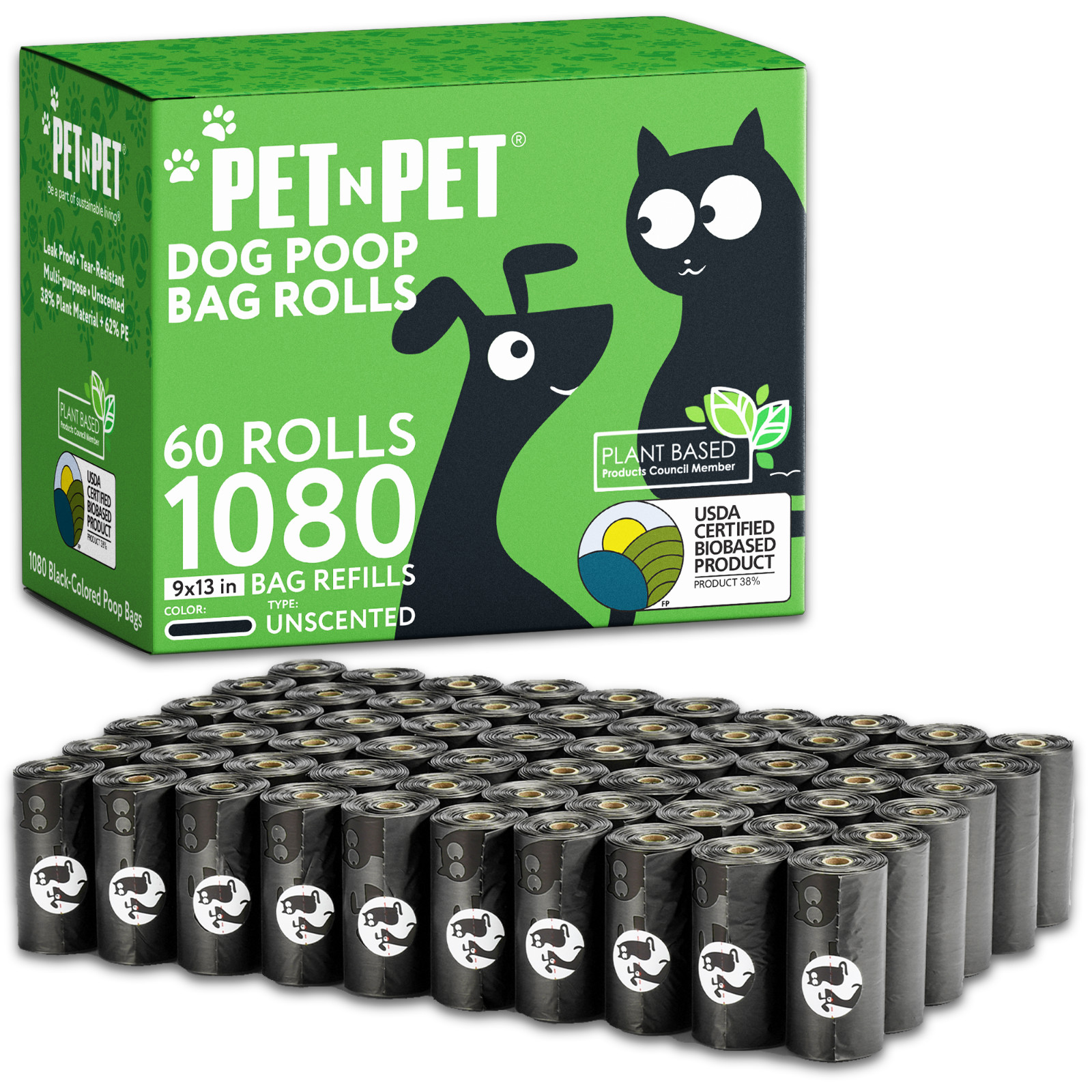 PET N PET 1080 Counts Black Dog Poop Bag Rolls 38% Plant Based 62% PE Waste Bags