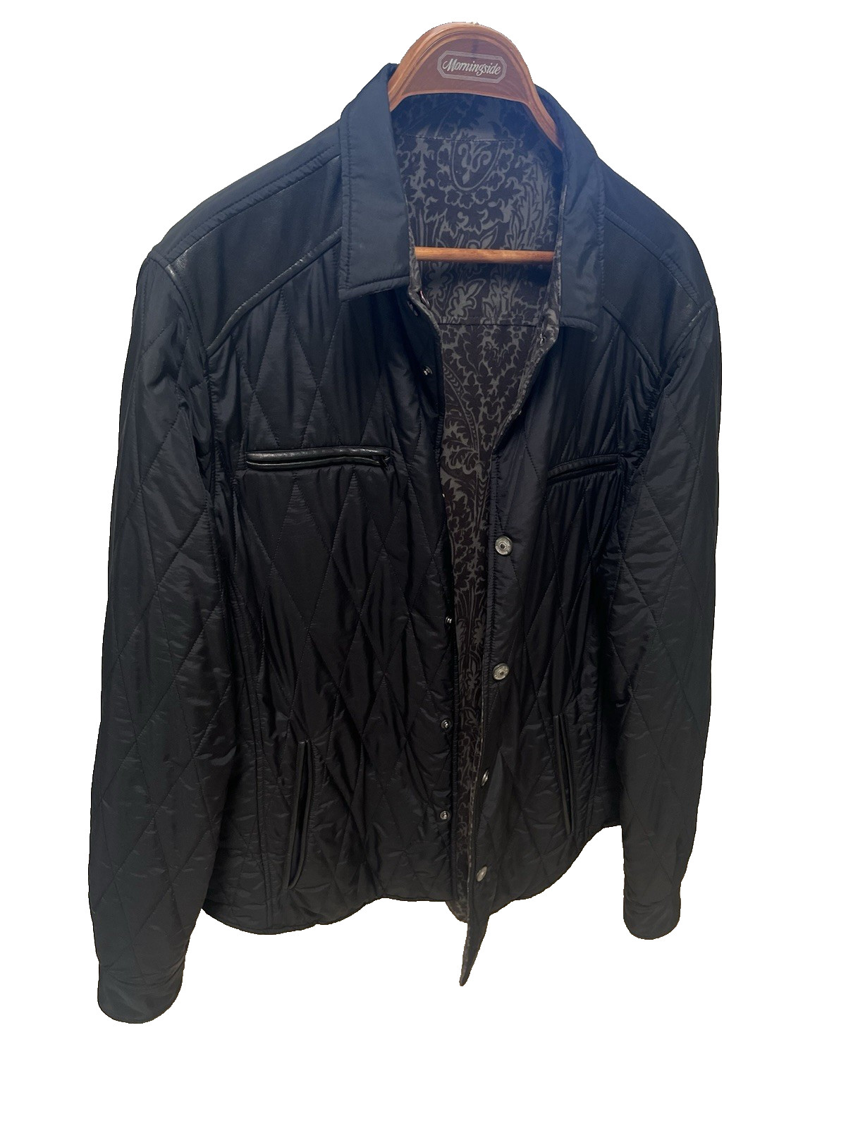 Men’s Etro black quilted reversible jacket w/ leather accents paisley lining L Men’s Etro black quilted reversible jacket w/ leather accents paisley lining L