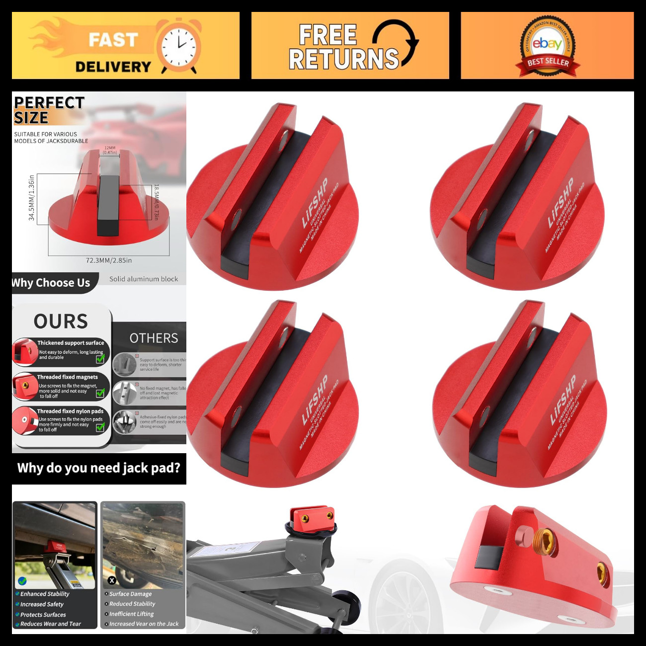 4Pcs Universal Aluminum Magnetic Jack Pad for Pinch Welds - Red, Durable & Secur 4Pcs Universal Aluminum Magnetic Jack Pad for Pinch Welds - Red, Durable & Secur