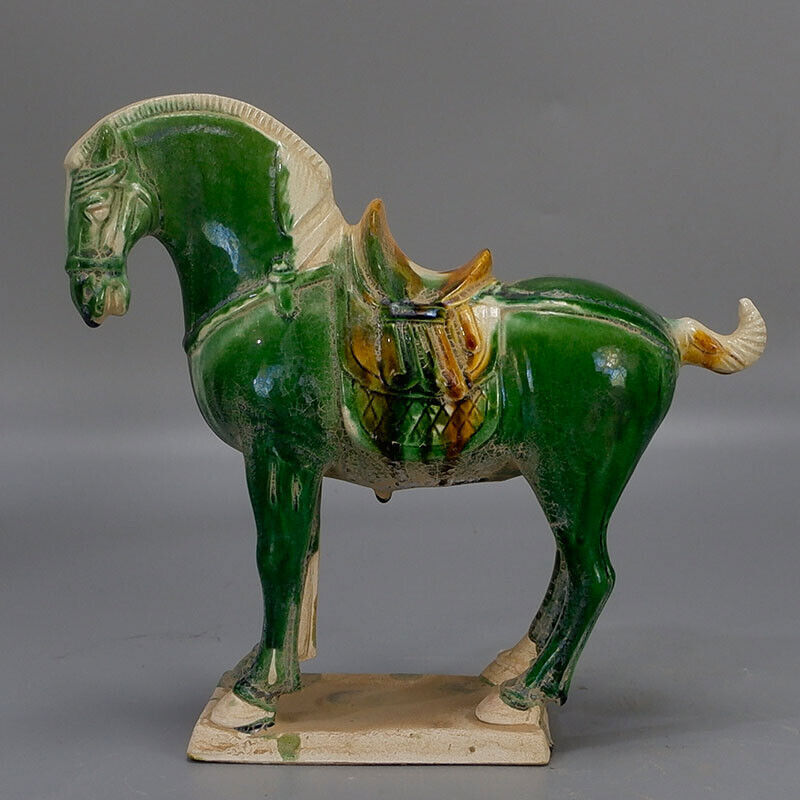 Chinese Tang Tri-Color Glazed Ceramics Green War Horse Porcelain Statue 7.8 inch