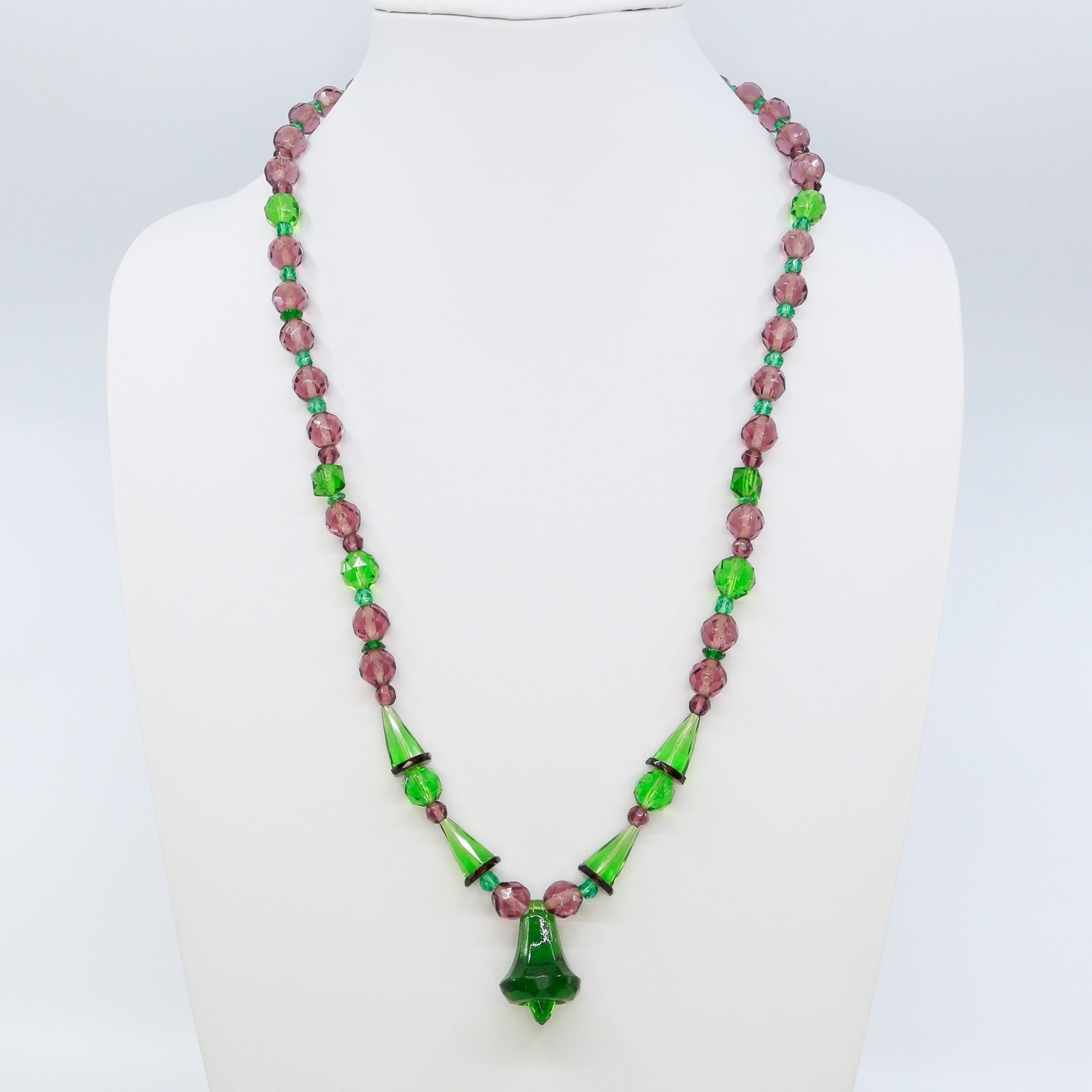 Antique Art Deco Czech Glass Necklace Green Purple Beads Flower Drop 1930s