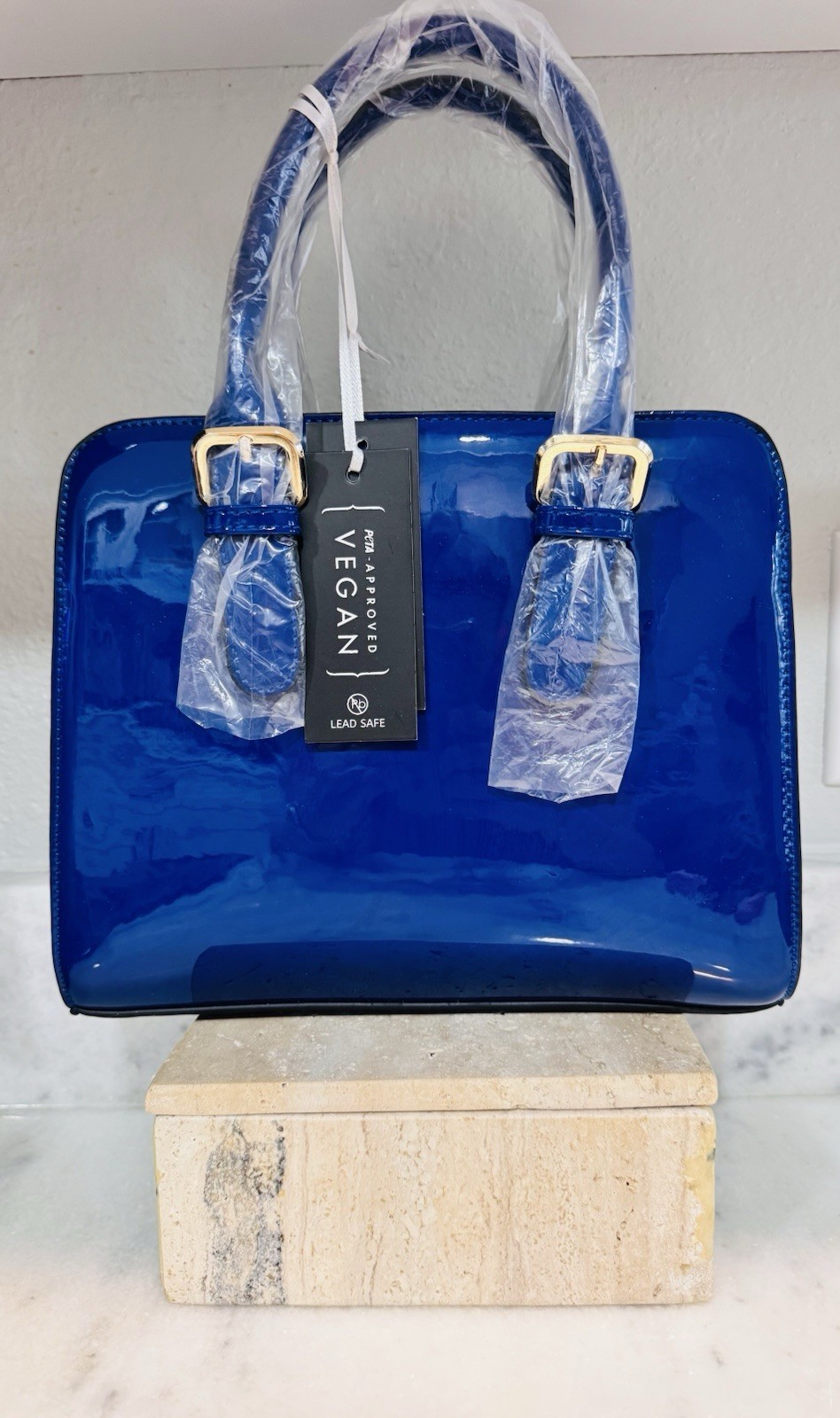 New La Terre Cobalt Blue Glossy Patent Dome Satchel Purse Chain Lining