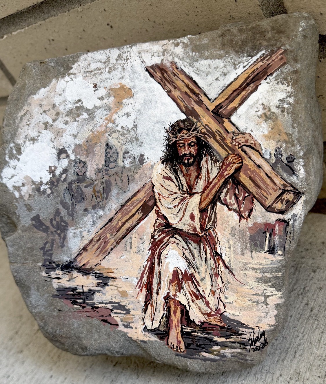 Jesus Carrying Cross Hand Painted On Large Rock Approx 8” X 8“ X 4“ Jesus Carrying Cross Hand Painted On Large Rock Approx 8” X 8“ X 4“