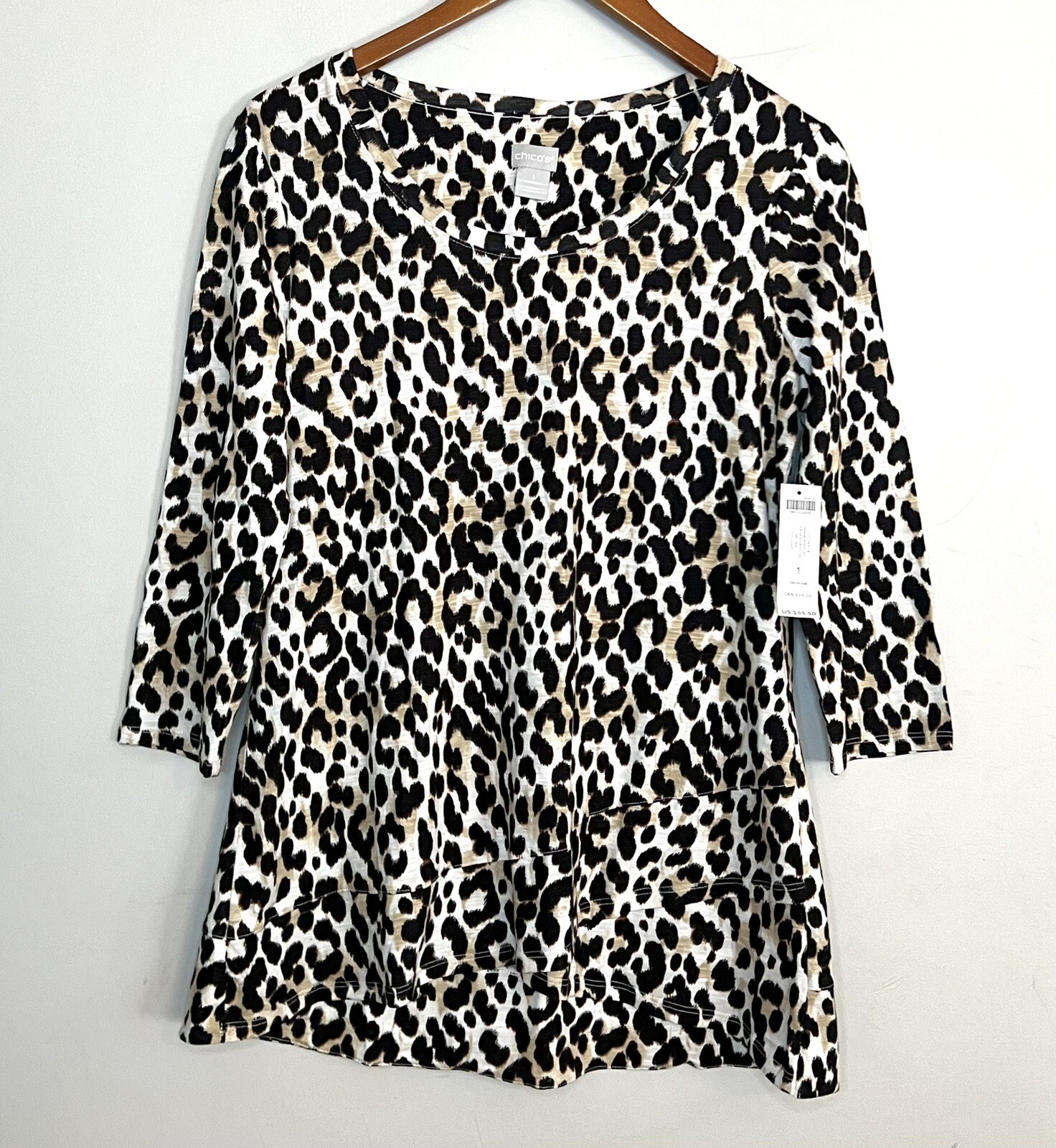 Chico’s NEW Animal Print Crossover Slub Tee Top Cream Black 3/4 Sleeves Sz M Chico’s NEW Animal Print Crossover Slub Tee Top Cream Black 3/4 Sleeves Sz M
