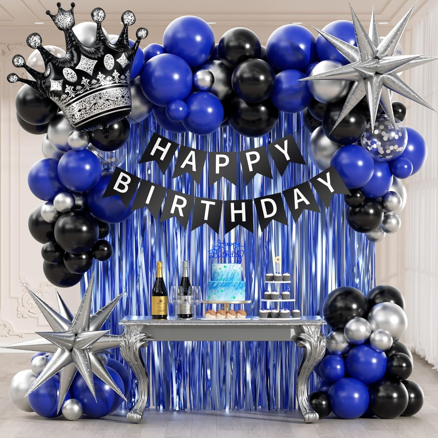 Birthday Decorations for Men with Black Metallic Silver Navy Blue Balloons