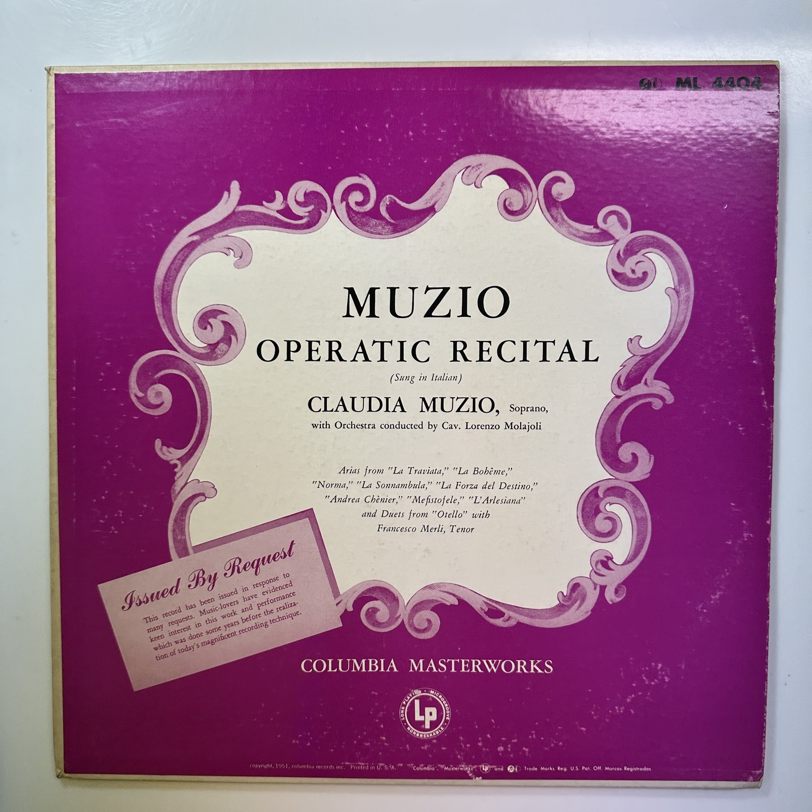 Muzio Operatic Recital LP Vinyl Record Claudia Muzio Columbia ML 4404