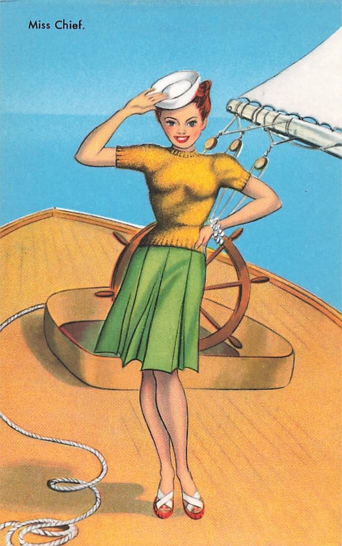 Postcard Miss Chief Risque Woman Navy White Hat Postcard Miss Chief Risque Woman Navy White Hat