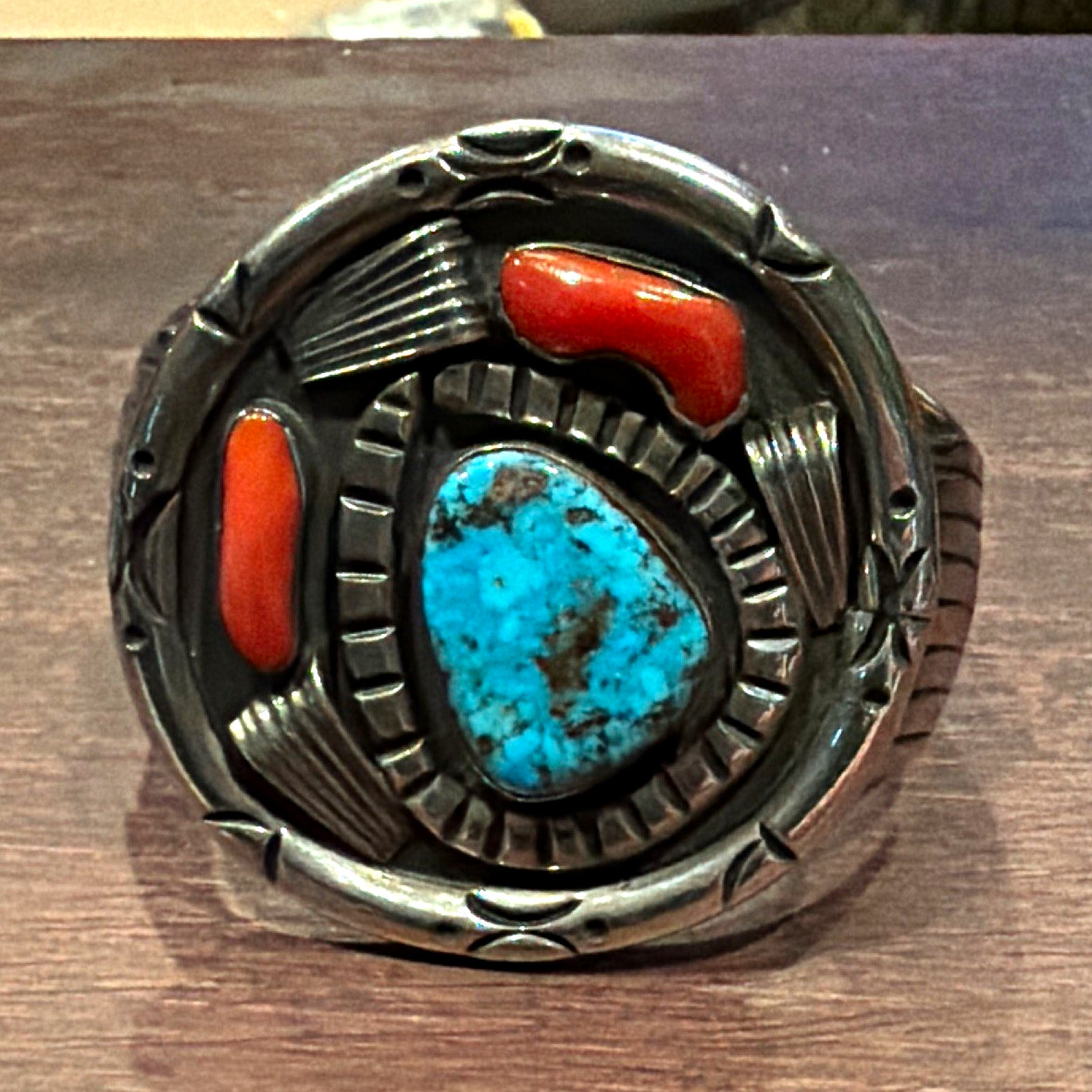 Navajo Silver Cuff Bracelet Turquoise & Coral Bezel Set Adjustable Navajo Silver Cuff Bracelet Turquoise & Coral Bezel Set Adjustable