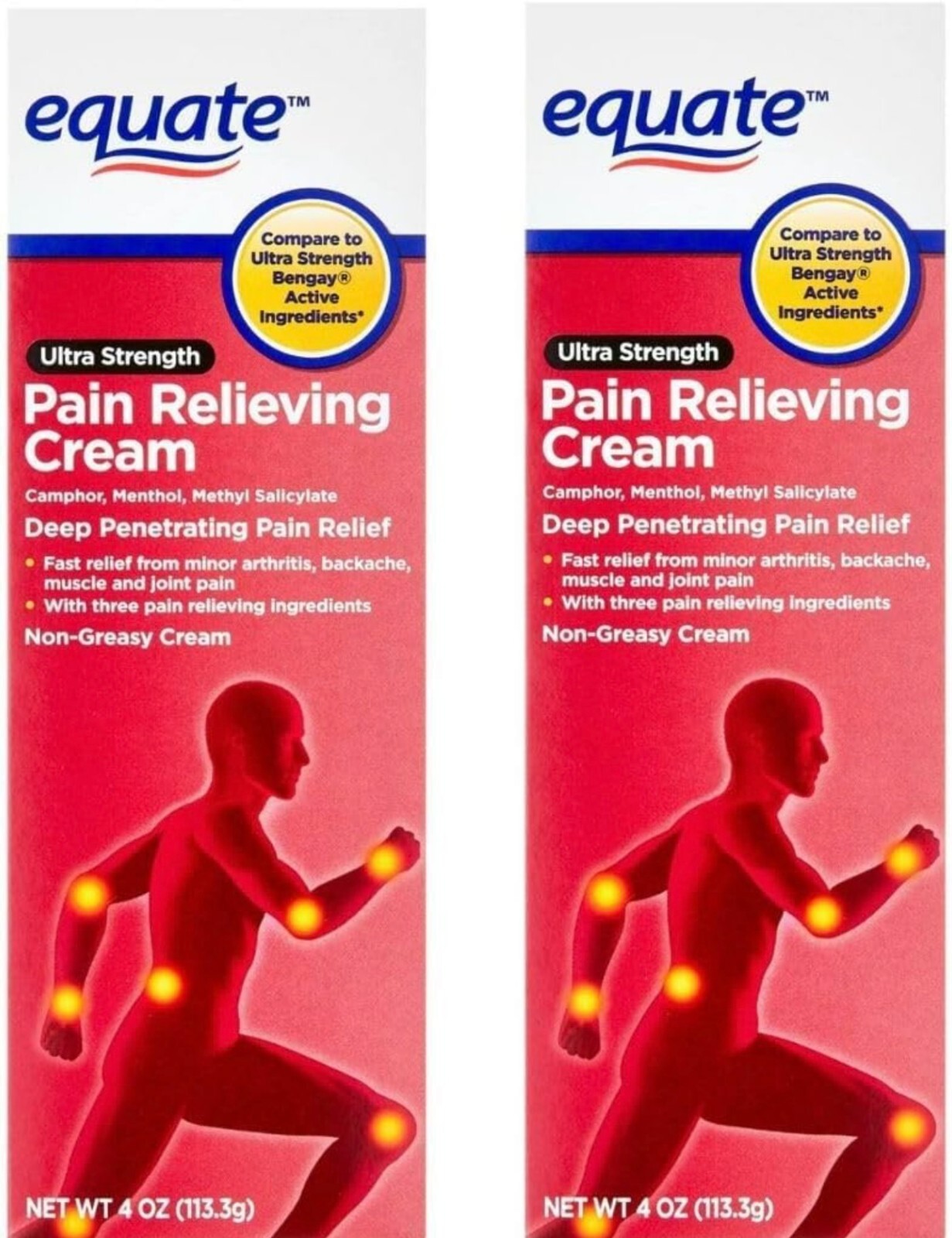 EQUATE Ultra Strength Pain Relieving Cream Muscle Rub non-greasy 4oz. Pack of 2.