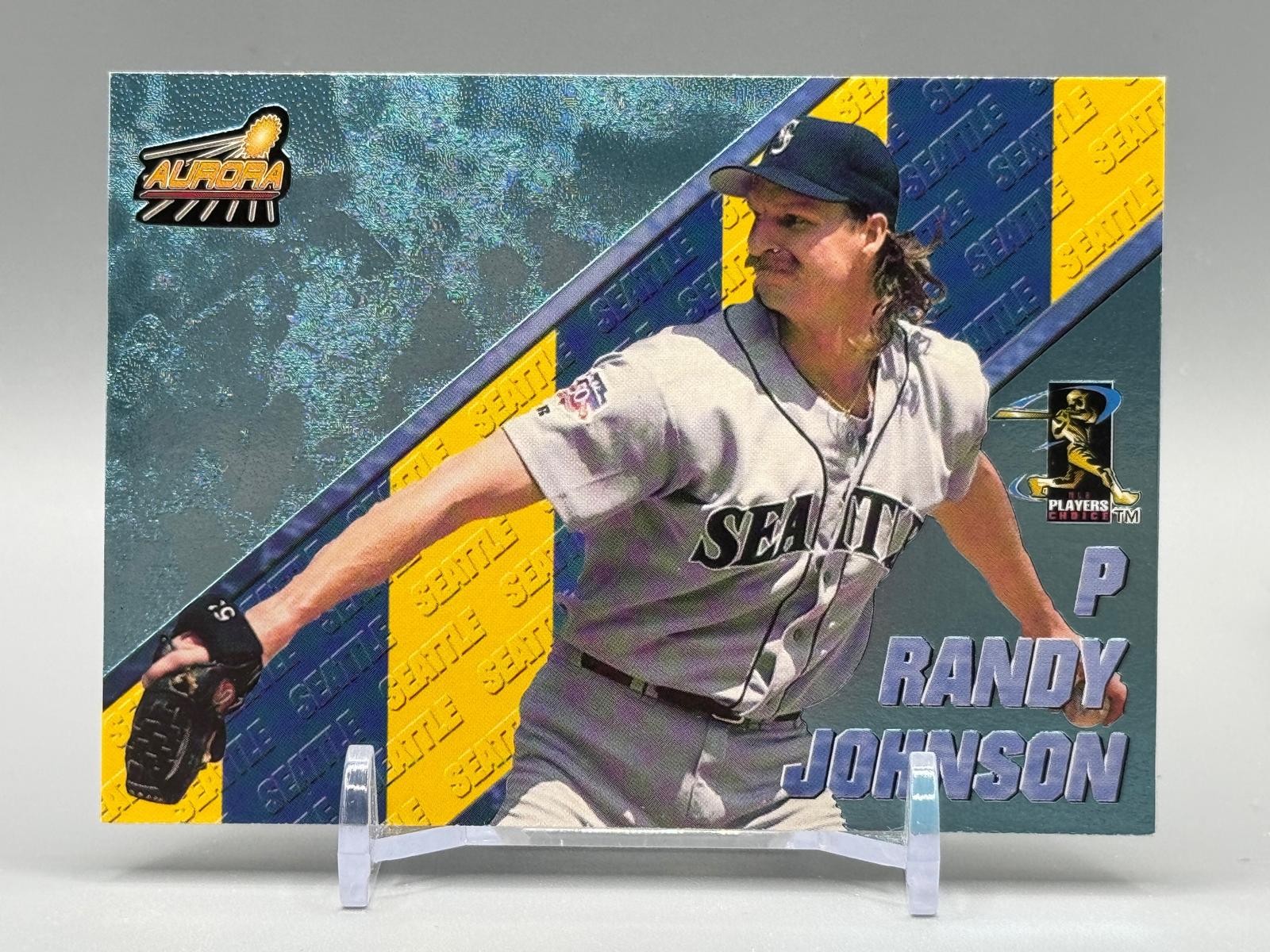 1998 Pacific Aurora #50 Randy Johnson Pennant Fever Platinum Blue #/100 RARE 1998 Pacific Aurora #50 Randy Johnson Pennant Fever Platinum Blue #/100 RARE
