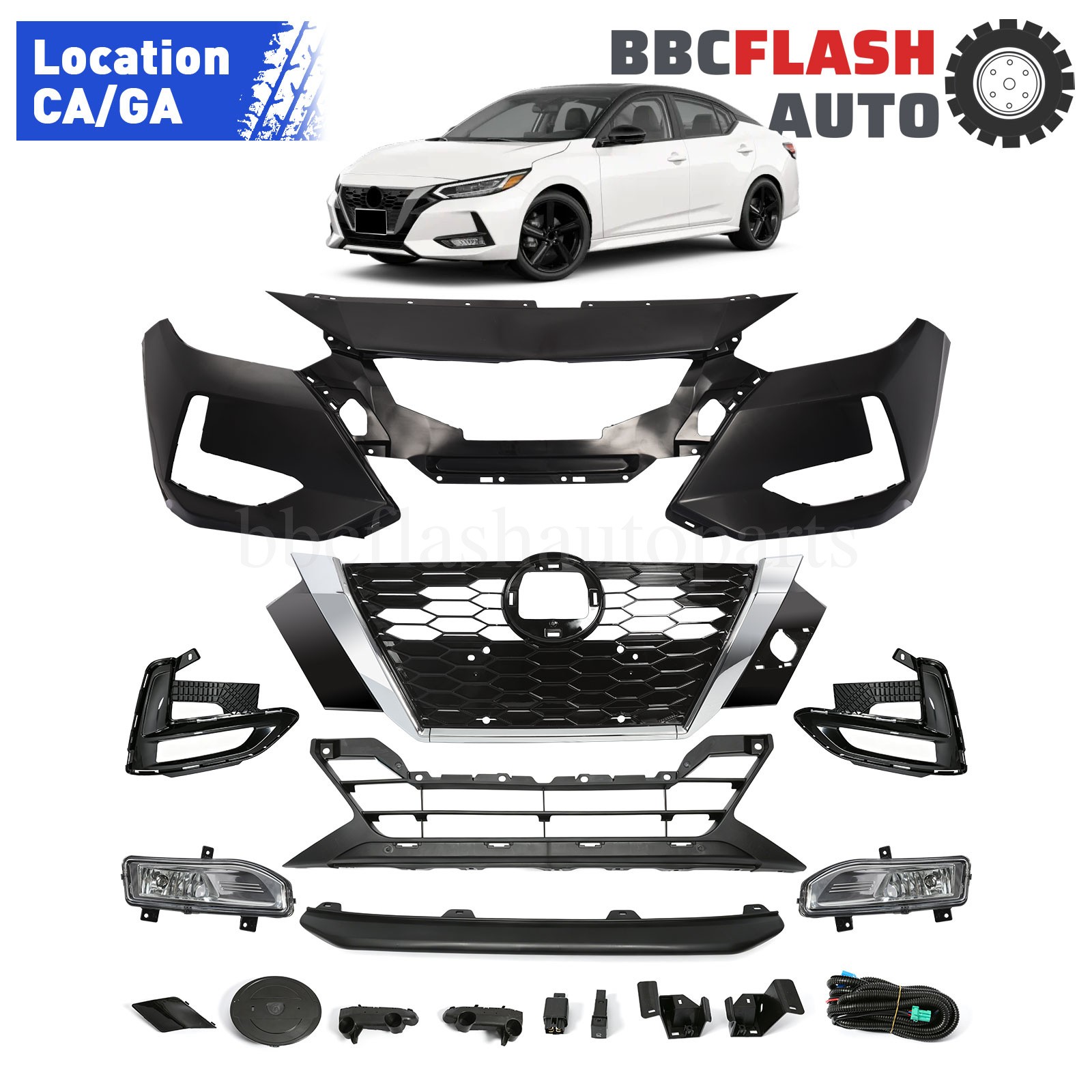 For 2020-2023 Nissan Sentra Front Bumper Upper Lower Grille Fog Lights No Fold