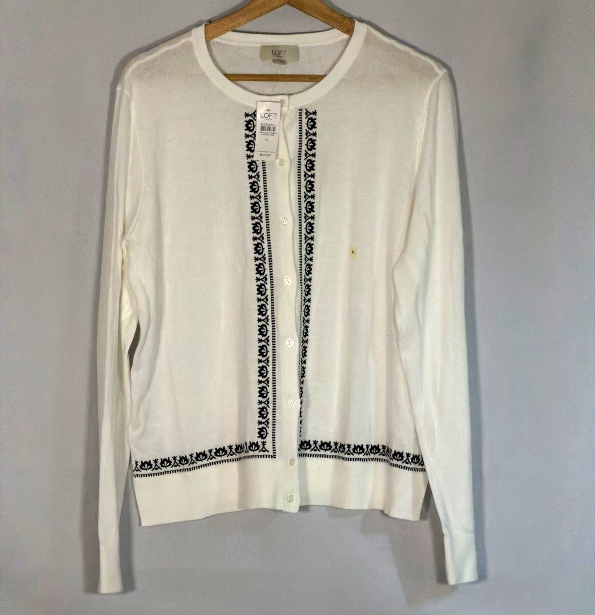 NWT LOFT XL Ivory Black Embroidered Trim Cotton Cardigan Sweater