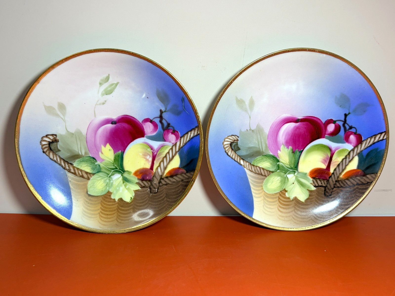 2 Nippon Plates 6 Inch Fruit Basket Blue Gold Trim Hand Painted Antique Japan