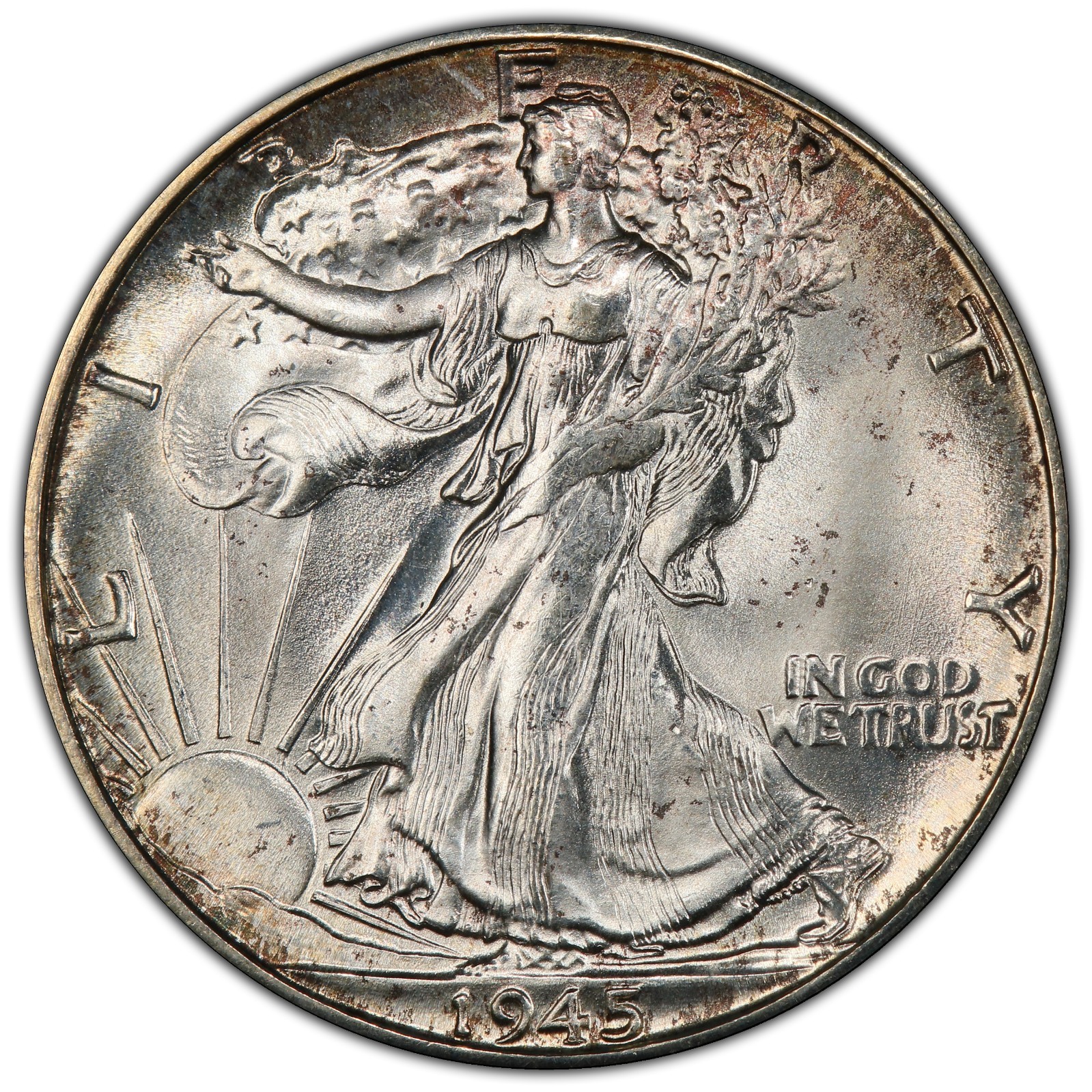 1945-D PCGS CAC MS66+ (Plus) Walking Liberty Half | Colorful Rim Toning | Luster