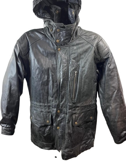 Vintage Comet Quality Goose Down Black Leather Hooded Winter Coat Jacket Vintage Comet Quality Goose Down Black Leather Hooded Winter Coat Jacket