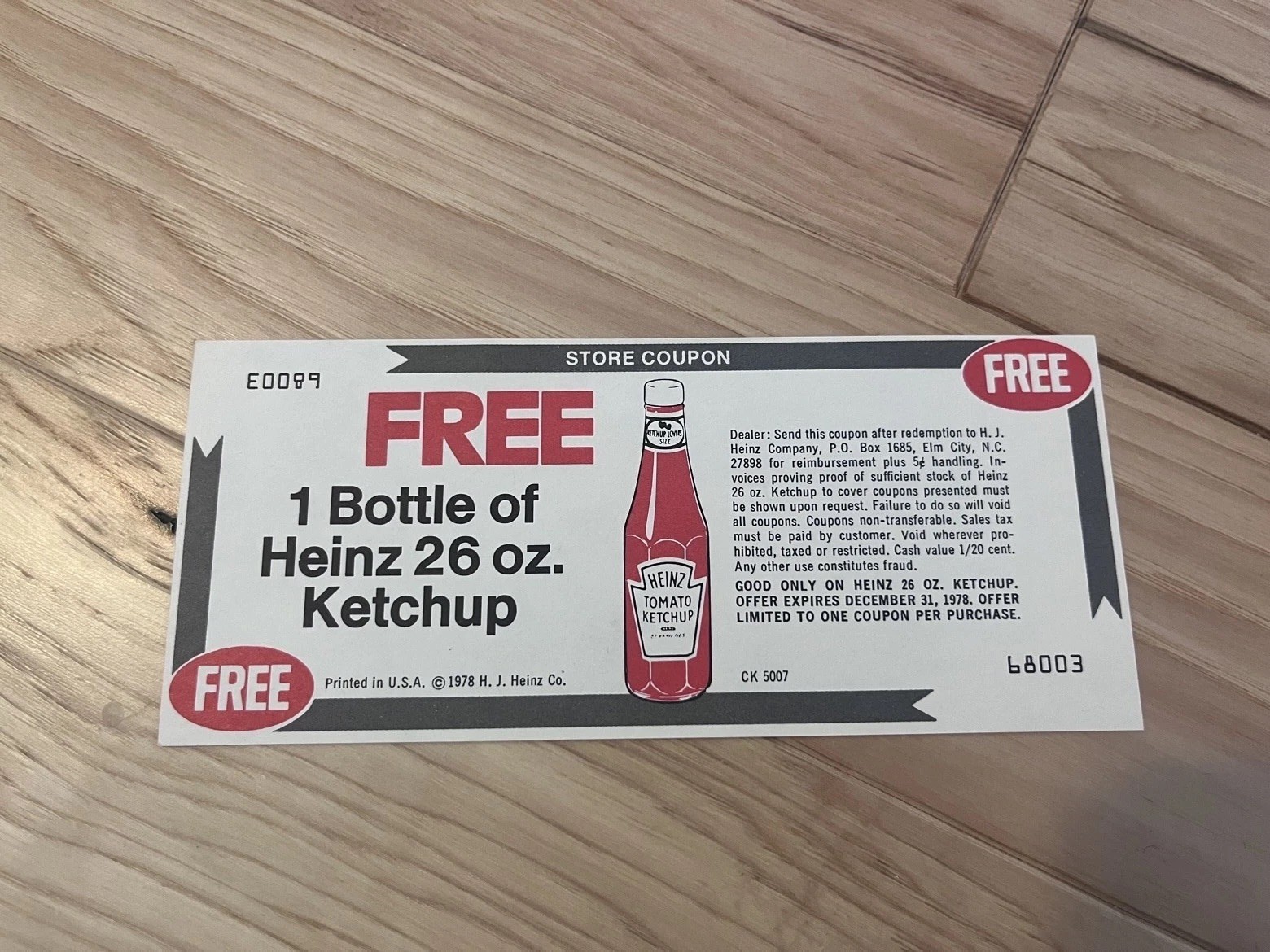Vintage 1978 Heinz FREE Ketchup Coupon 26oz Bottle Exp Dec 1978 Vintage 1978 Heinz FREE Ketchup Coupon 26oz Bottle Exp Dec 1978