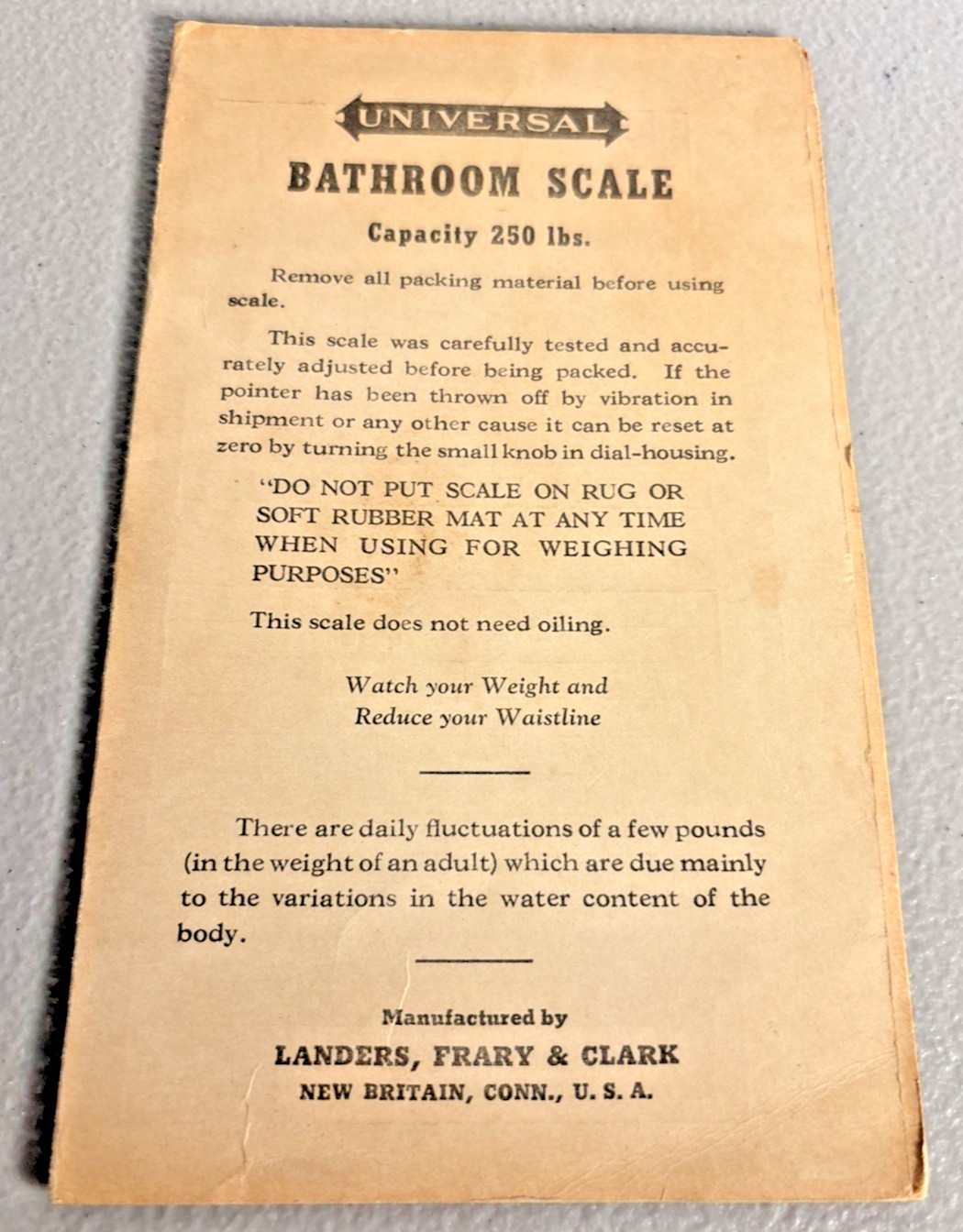 c1940s Landers Frary & Clark 250 lb Bathroom Scale User Manual New Britain CT