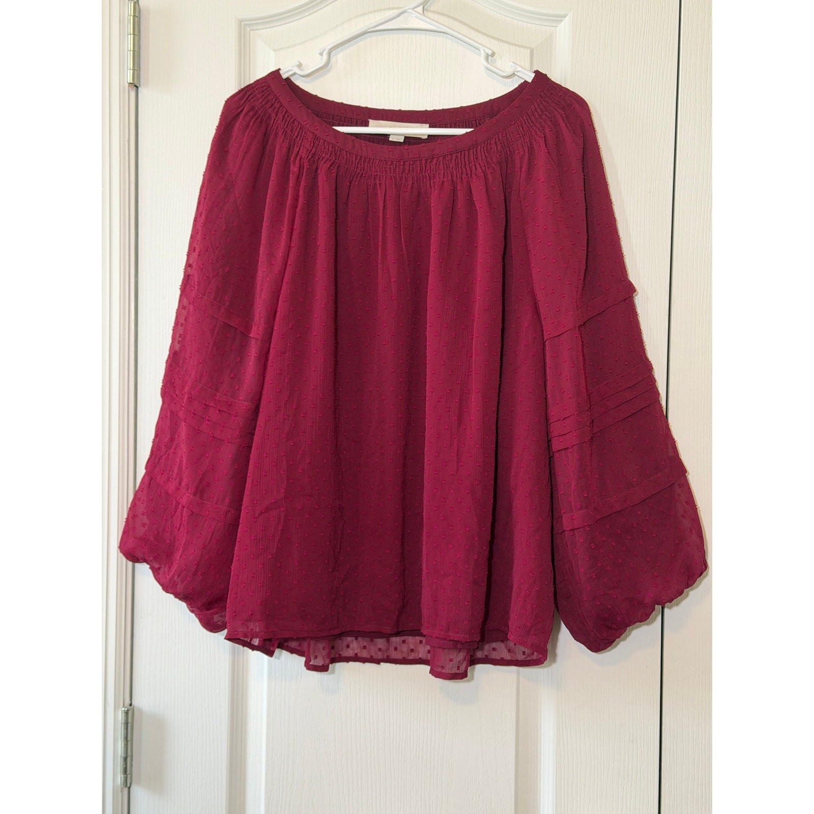 LOFT Women’s Swiss Dot Peasant Blouse-Maroon Wine Smocked Neck Long Sleeve-Sz XL