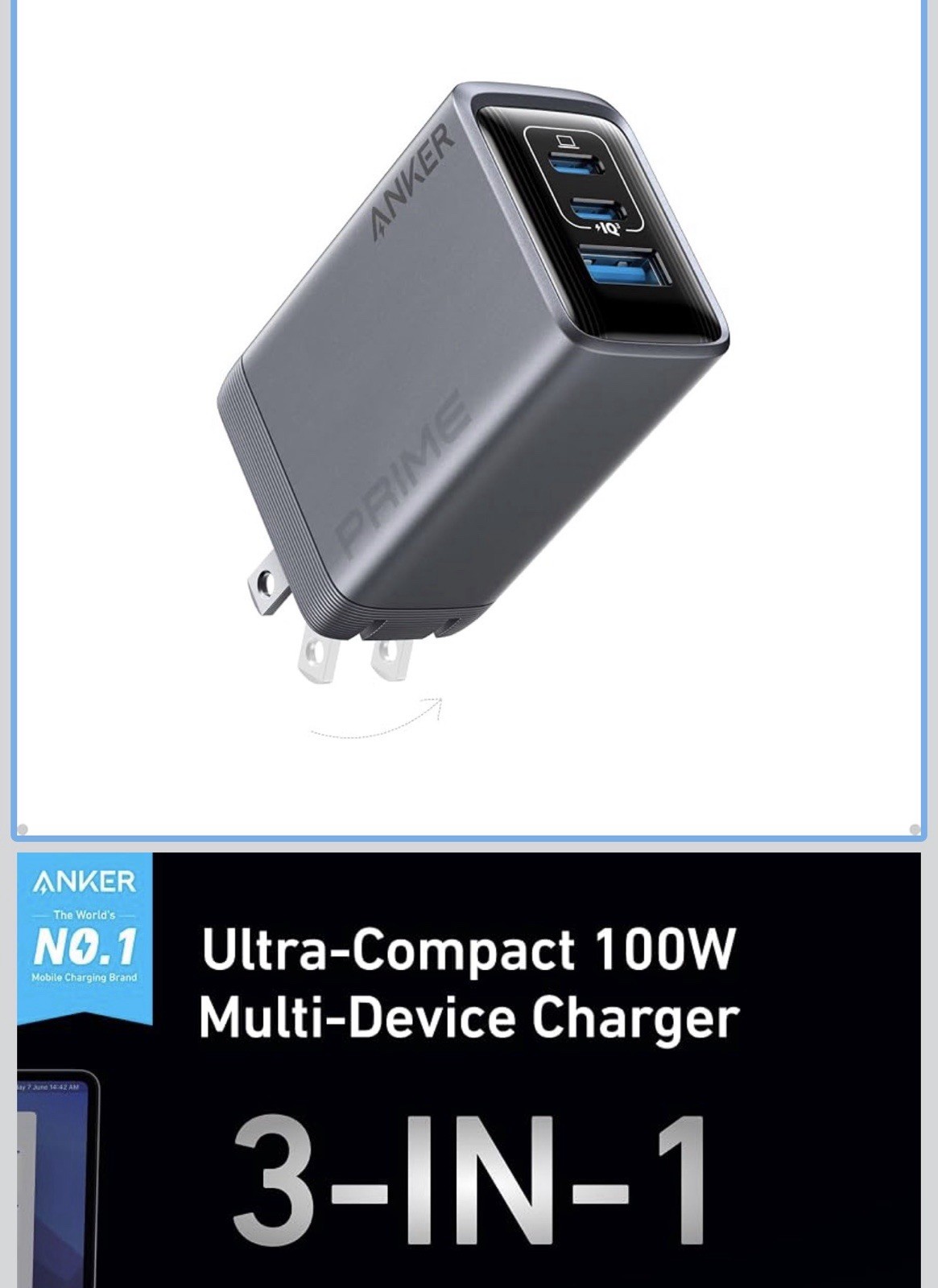 New Anker Prime Ultra 100W USBC 3-Port GaN Wall Charger Laptops, Tablets, Phones