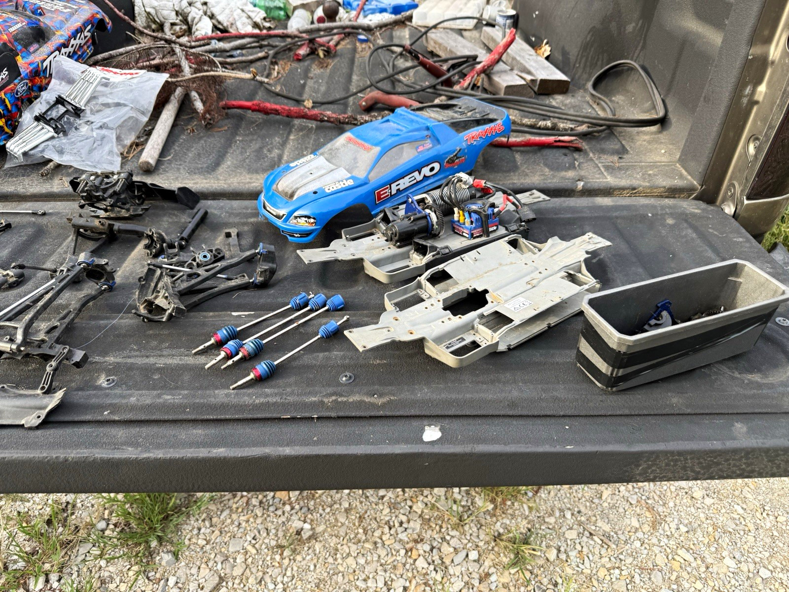Traxxas E-Revo 1:16 Electric RC Parts Lot Chassis Body Shocks Blue/Gray/Black
