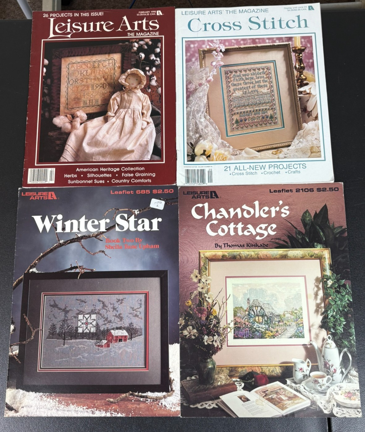 Vintage Leisure Arts Cross Stitch Lot Thomas Kinkade Cottage Winter Barn Pattern