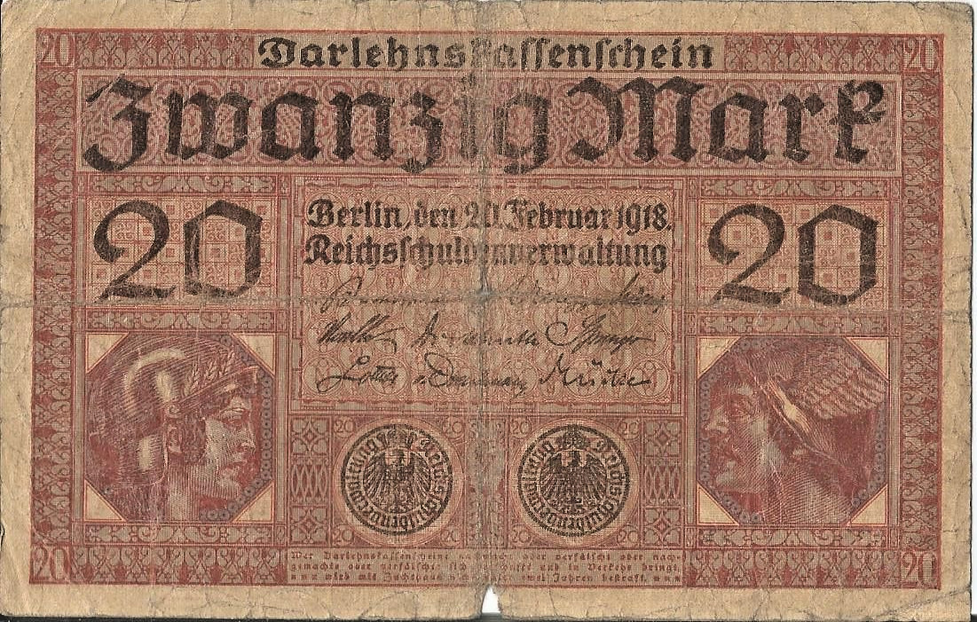 1918 GERMANY CIRCULATED 20 MARK BANKNOTE # 22 1918 GERMANY CIRCULATED 20 MARK BANKNOTE # 22