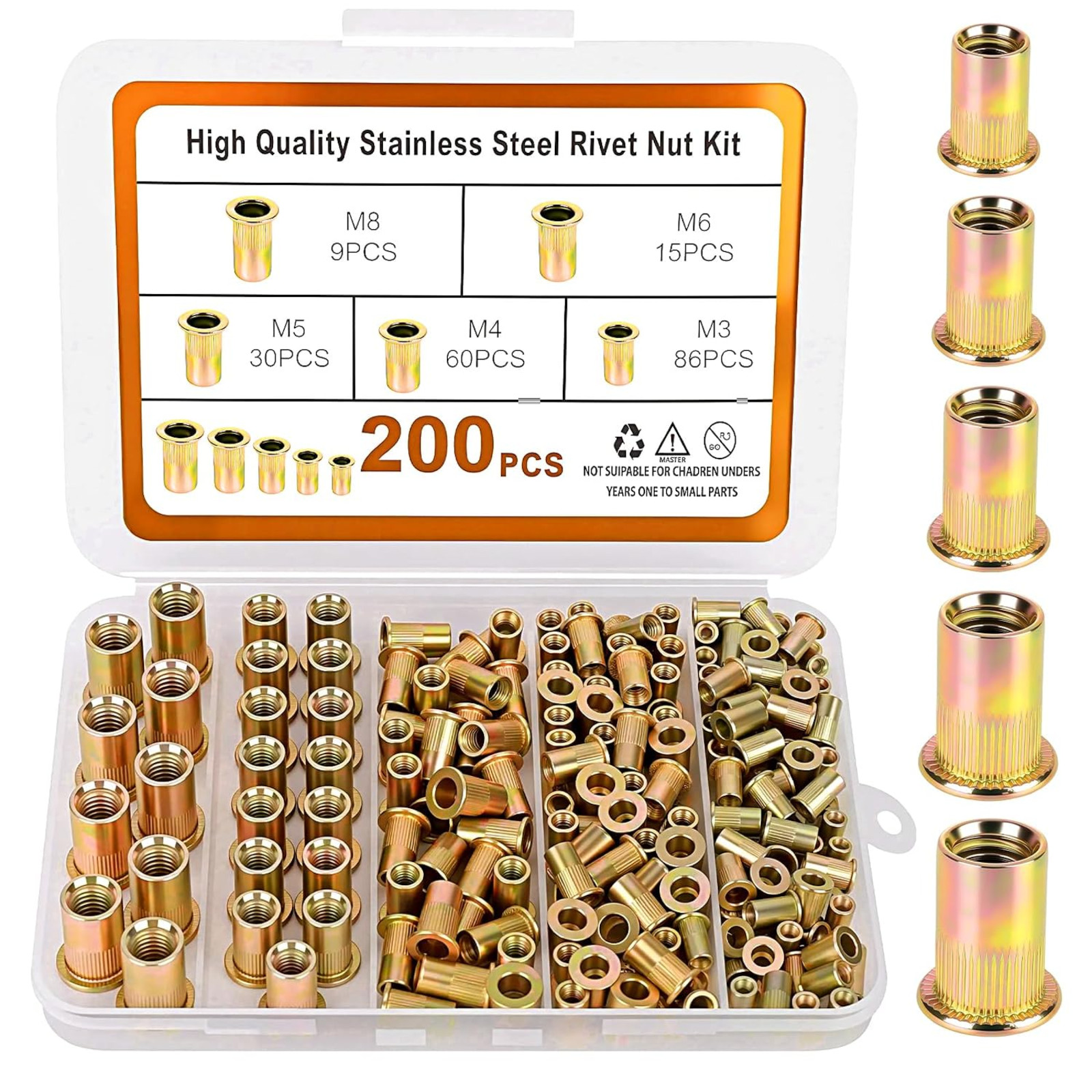 200PCS Metric Rivet Nut Kit M3 M4 M5 M6 M8 Rivnut Threaded Insert Assortment