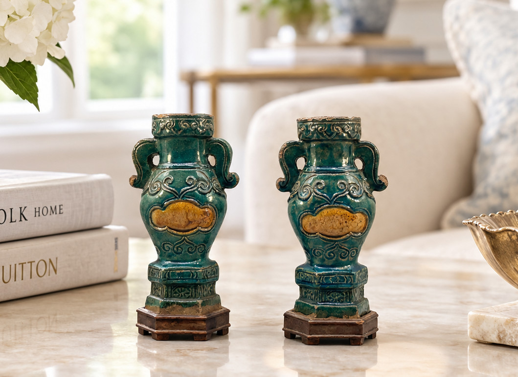 Pair Early 17th-Century Chinese Turquoise & Amber Vases - Ming Dynasty
