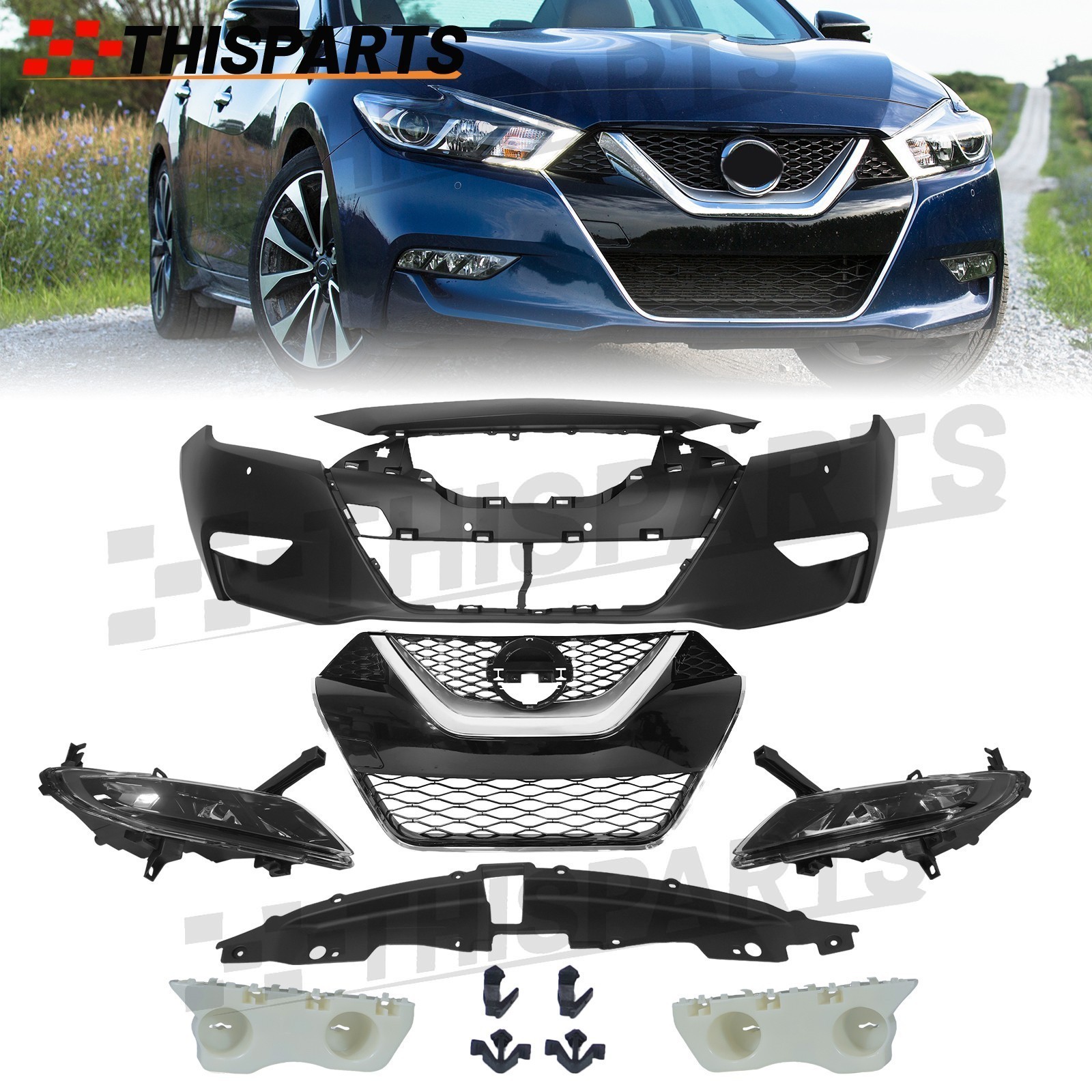 Bumper w/Park Sensor Hole Grille Fog Light Assembly For 2016-2018 Nissan Maxima