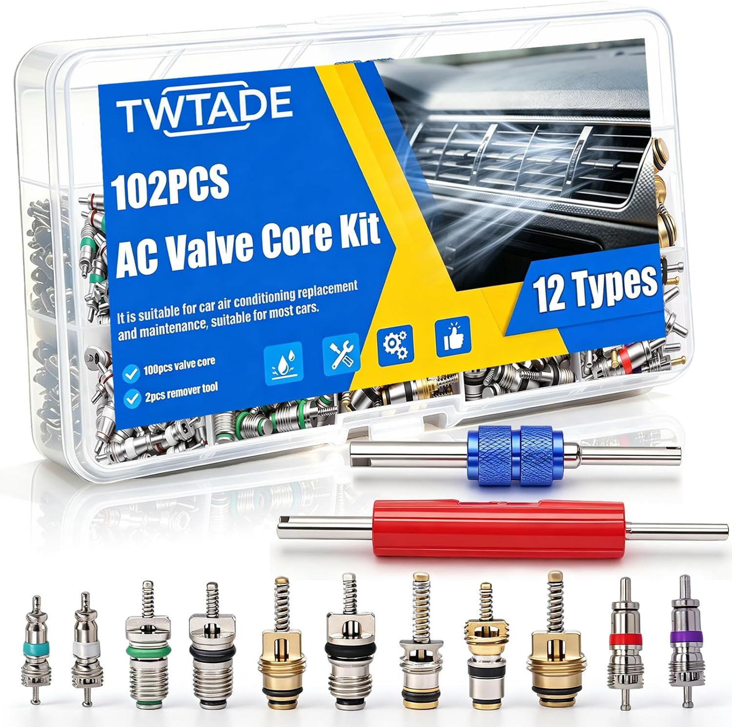 102Pcs Car Air Conditioner Valve Core Kit, R12 R134A Schrader Valve