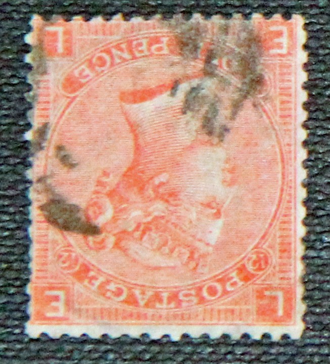 GB QV 1865 4d Vermillion Inverted Garter watermark SG94 Pl. 12 EL, Light cancel GB QV 1865 4d Vermillion Inverted Garter watermark SG94 Pl. 12 EL, Light cancel