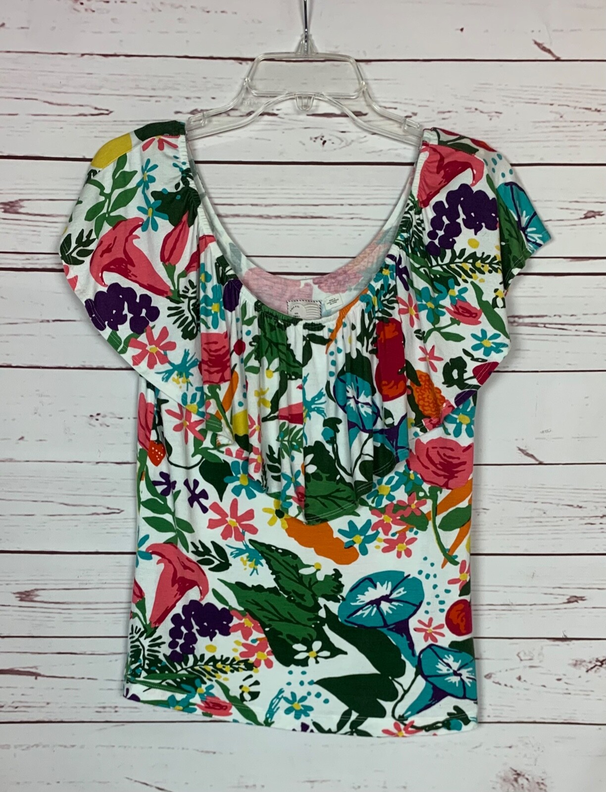 Postmark Anthropologie Women\'s S Small White Floral Ruffle Short Sleeve Cute Top