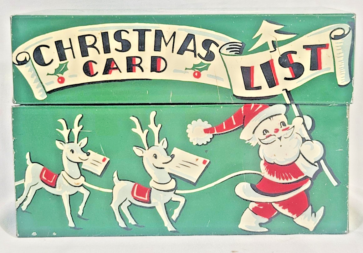 Vintage 50s Stylecraft #804 Santa Reindeer Christmas Card List Tin Box Vintage 50s Stylecraft #804 Santa Reindeer Christmas Card List Tin Box