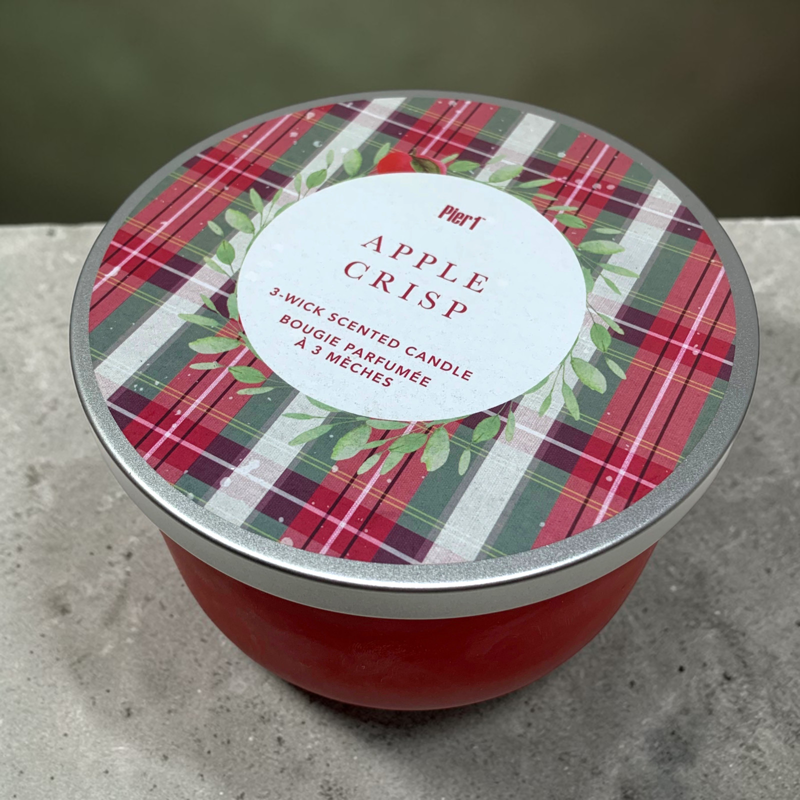 Vintage Pier 1 Apple Crisp 14 oz 3 Wick Candle Plaid Lid Holiday NEW