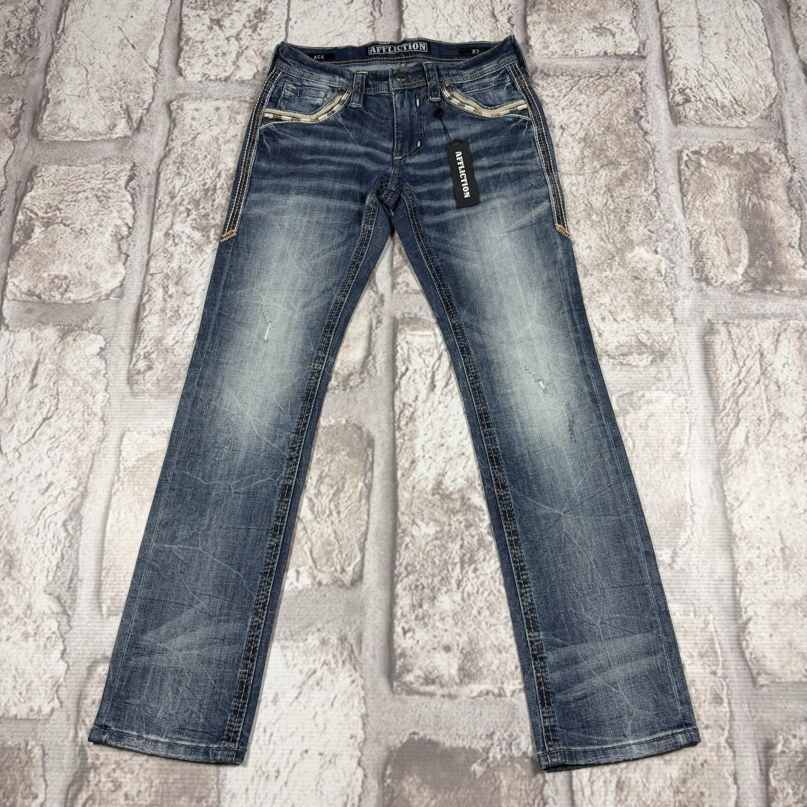 Affliction Straight Jeans Men’s 27x32 Ace Crest Hewitt Blue Denim 110SS246 NWT