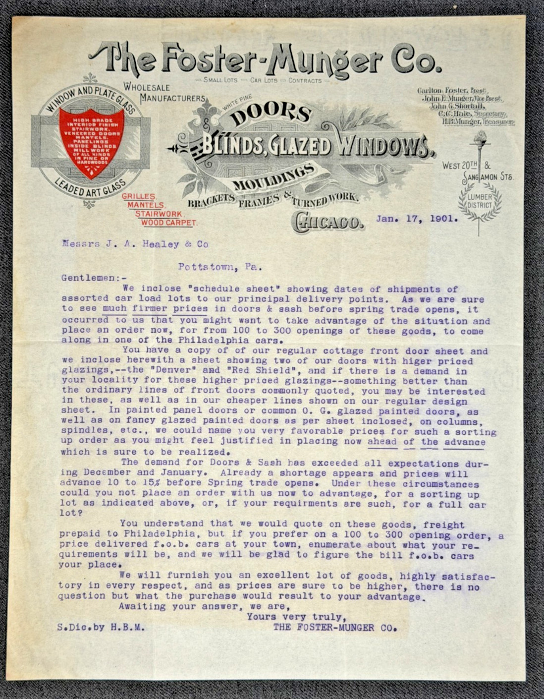 1901 Foster Munger Co Chicago IL Antique Letterhead Ephemera Doors Blinds Window