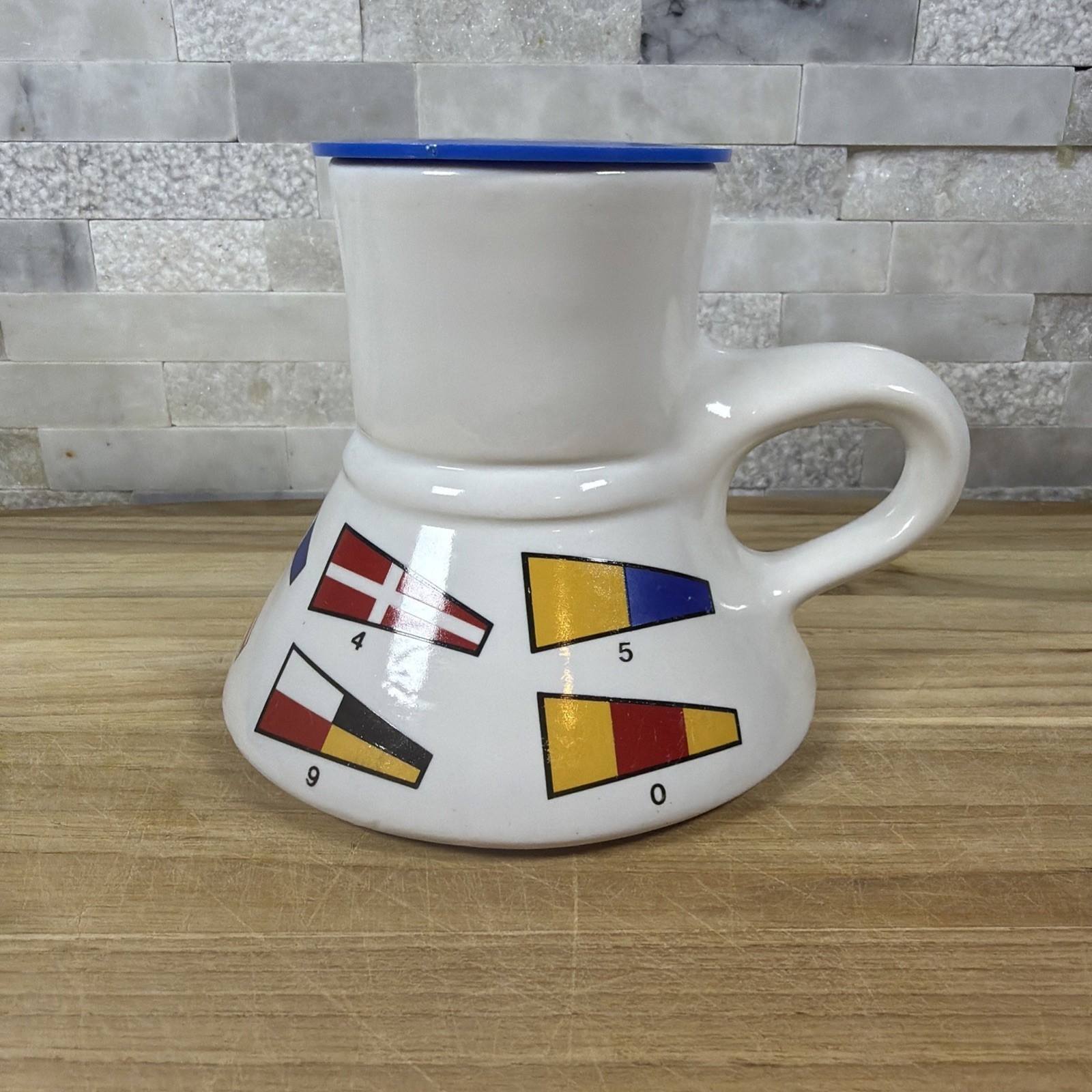 Vintage 1979 Barely Surviving Nautical Signal Flag Porcelain No Tip Mug with Lid Vintage 1979 Barely Surviving Nautical Signal Flag Porcelain No Tip Mug with Lid