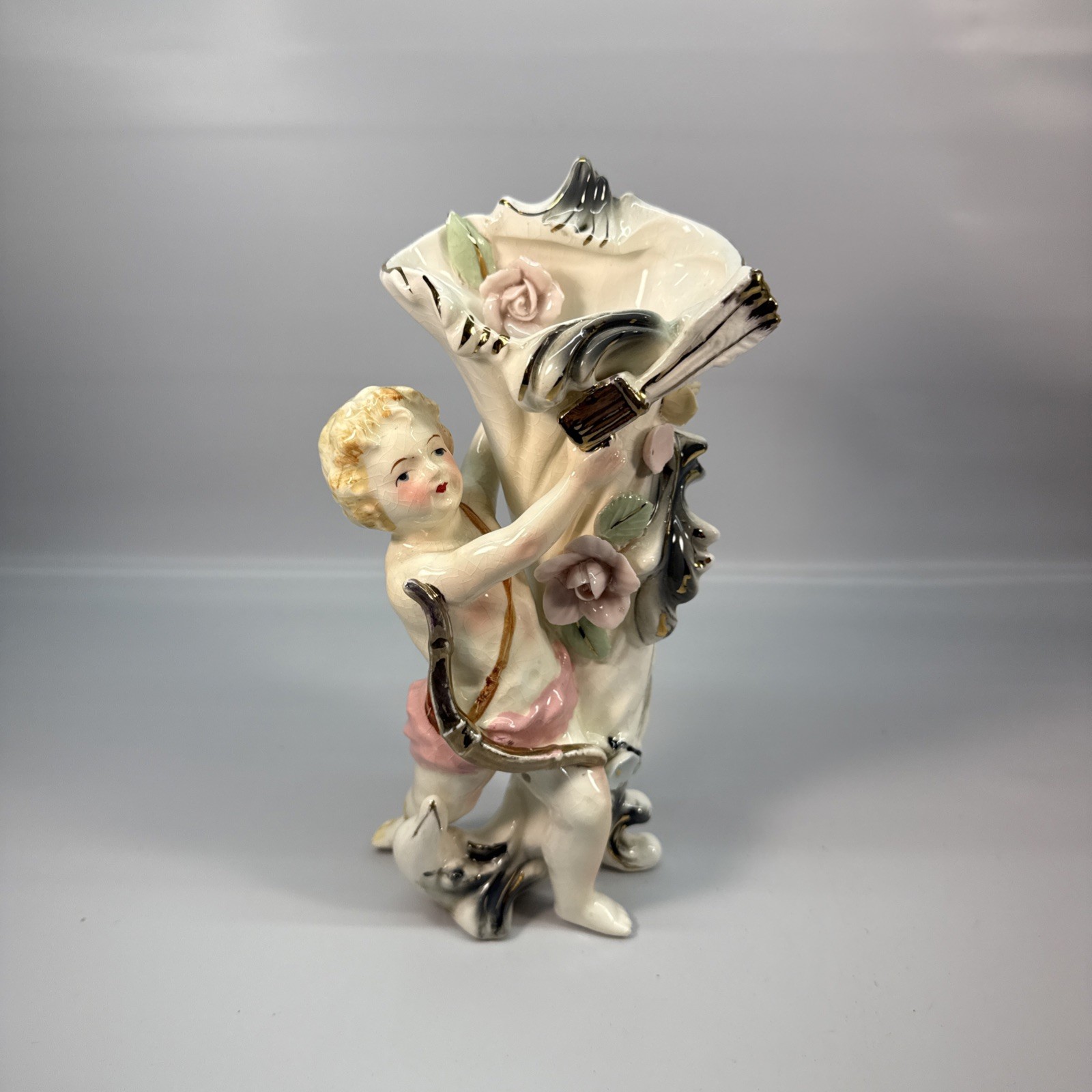 Vintage Japanese Porcelain Cherub Figural Rose Flower Cornucopia Bud Vase Vintage Japanese Porcelain Cherub Figural Rose Flower Cornucopia Bud Vase