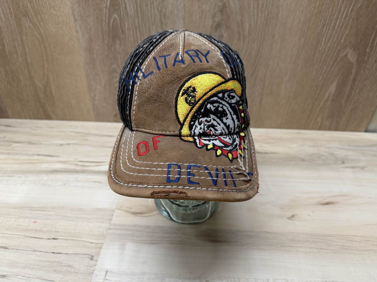 Ultra Rare Vintage Y2K True Religion Devil Dog Leather / Corduroy Distressed Hat