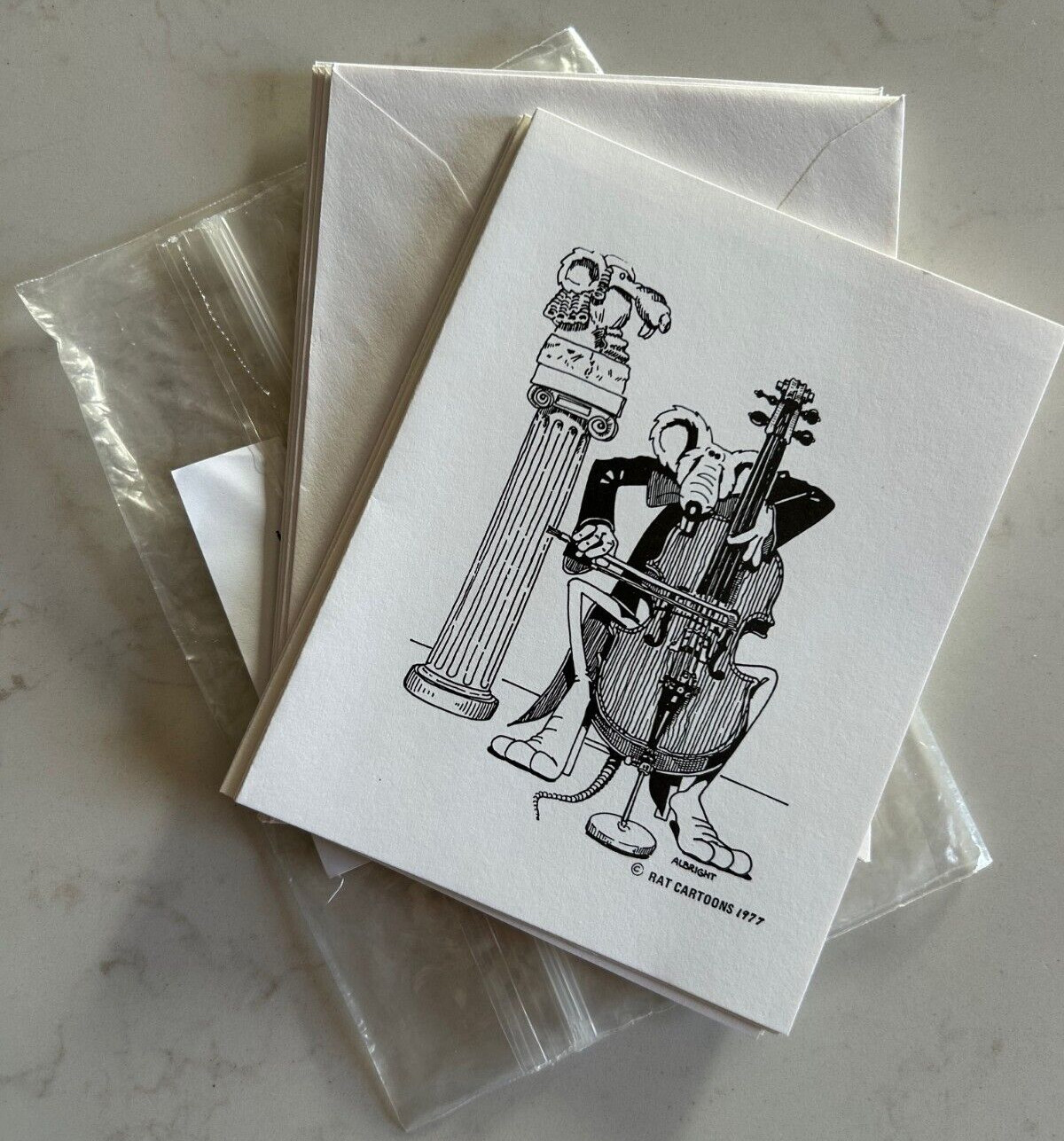 Six Vintage 1977 ALBRIGHT Rat Cartoons Card Rat Playing Cello