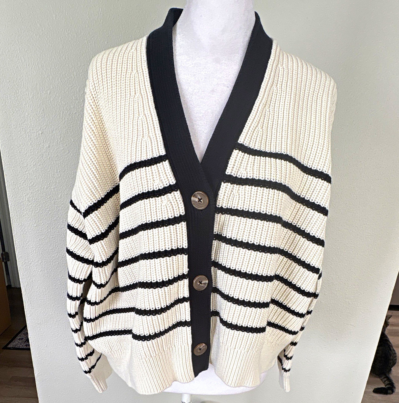 Quince Women’s V-Neck Striped Fisherman’s Cardigan Sweater, Organic Cotton, M Quince Women’s V-Neck Striped Fisherman’s Cardigan Sweater, Organic Cotton, M