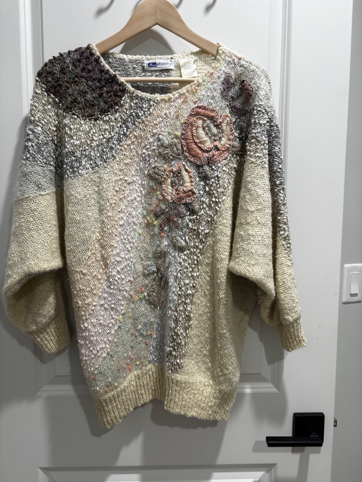 Vintage 80s Marisa Whalen Sweater Pink Floral Embroidery Wool Blend Chunky M