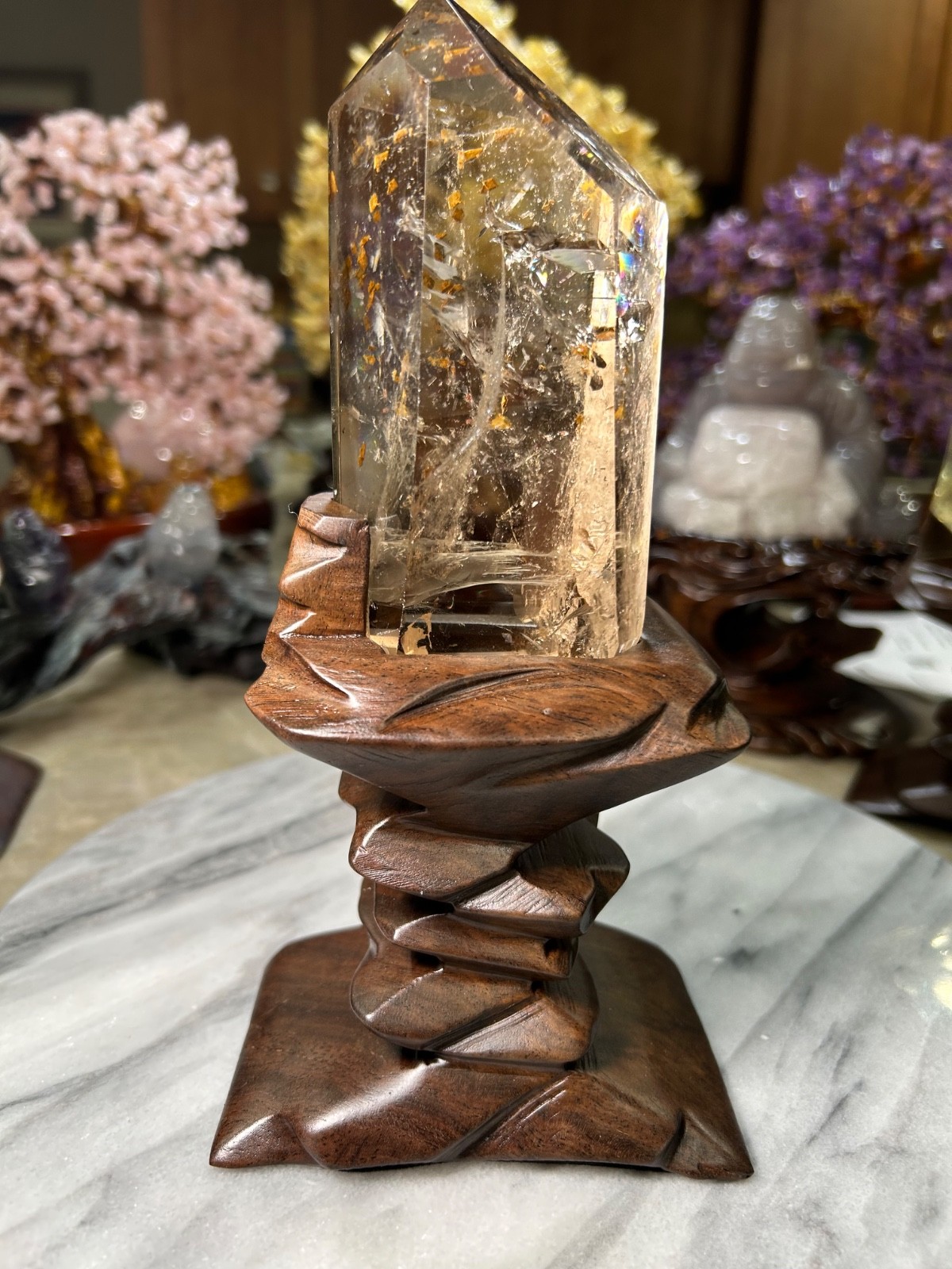 Citrine freeform with calcite and rainbows on custom sandalwood stand Citrine freeform with calcite and rainbows on custom sandalwood stand