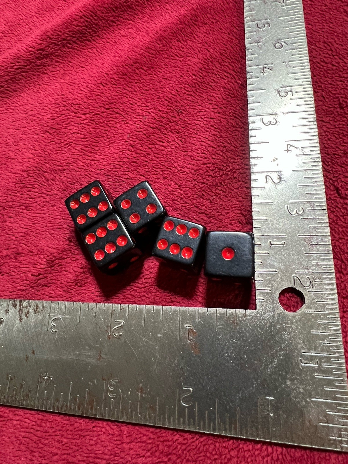 Vintage 5/8” Set of 5 Dice, Black Dice with Red Pips, Excellent Condition.