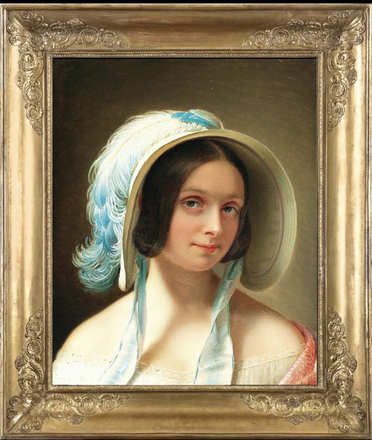 Hand Painted Classical Oil Painting Lady Blue Feather Art Canvas Vintage Style