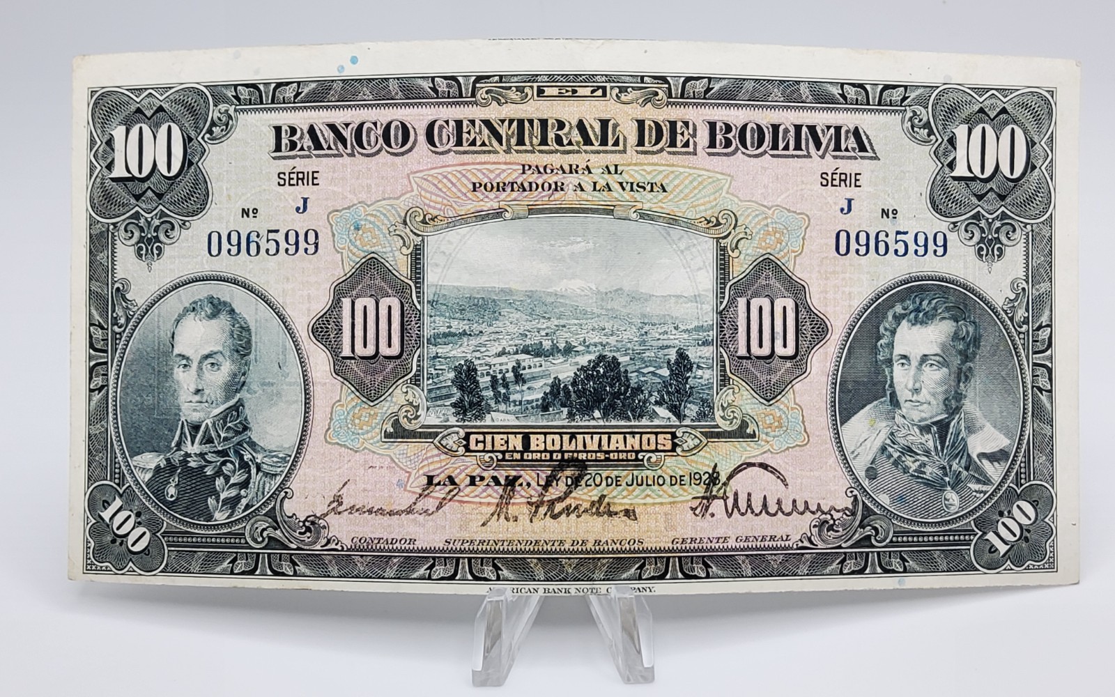 Bolivia 100 Bolivianos L.1928   P-125 ~ AU+ Rare large Banknote