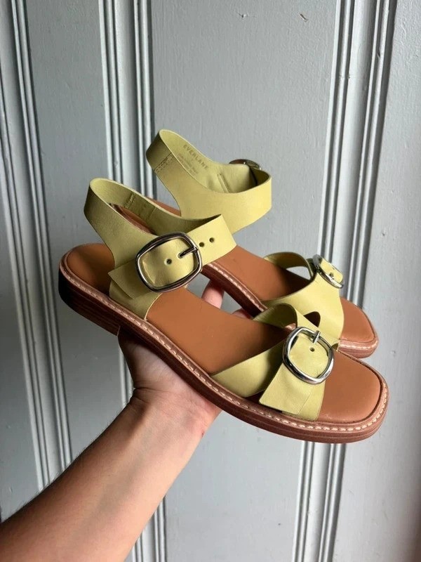 Womens size 7 Everlane The Twin Buckle Leather Light Green Sandals NWOT