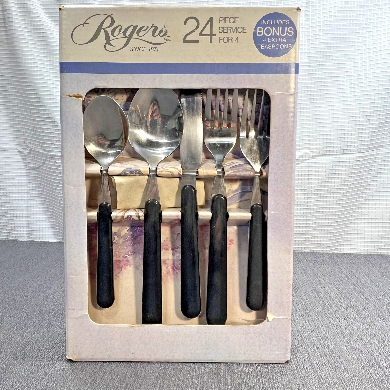 Vtg Rogers by Jacqui Morgan 24 pc Service for 4 Fireworks Black Silverware NOS