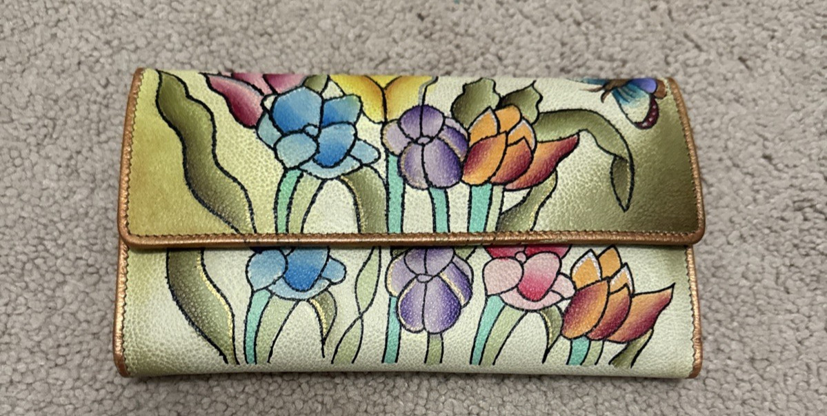 MAGNIFIQUE Hand-Painted Leather Clutch Wallet Anuschka-Inspired Green W Flowers